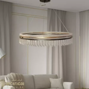 Sophisticated Crystal Chandelier Featuring A Golden Belt And Stylish Pipes